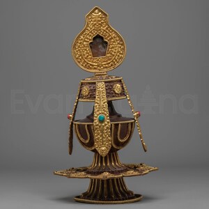 Peut inclure: Objet décoratif doré orné avec une base et des accents bruns. L'objet présente des détails complexes, notamment un sommet en forme de goutte d'eau, une pierre turquoise et des accents rouges. La base est une conception à plusieurs niveaux.
