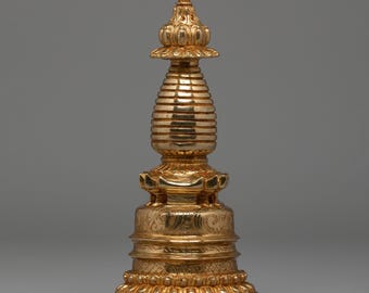 Ceremonial Himalayan Stupa | Gold-Plated Copper Buddhist Shrine | Sacred Ritual Decor for Meditation and Spiritual Practices | Nepalese Art