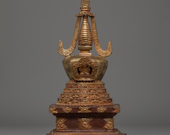 Handcrafted Buddhist Shrine Stupa | Copper Gold Plated Tibetan Stupa Sculpture for Altar, Meditation Room & Sacred Spiritual Home Decor