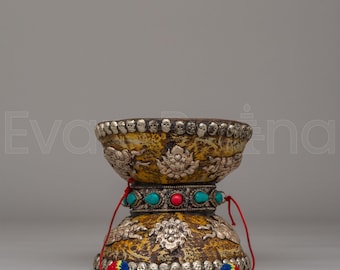 Buddhist Ceremonial Damaru | Tibetan Ritual Drum with Turquoise and Coral | Sacred Tantric Instrument for Meditation and Spiritual Practice