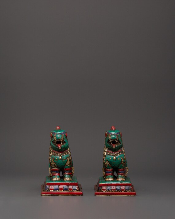 チベットの獅子像セット 真鍮製守護像 | 珊瑚とトルコ石の象嵌 - Etsy 日本