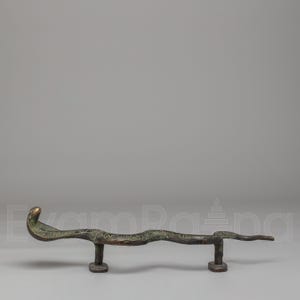 May include: Bronze-colored door handle in the shape of a snake. The handle has a detailed, textured design and is mounted on two small, square bases. The snake's head is raised, and the body curves along the handle.