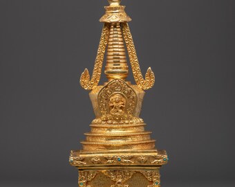 Sacred Copper Gold Plated Stupa | Handcrafted Tibetan Buddhist Shrine Sculpture | Spiritual Altar & Meditation Decor for Home Temple Spaces