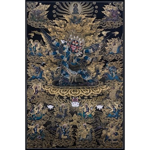 May include: A detailed painting on a black background, featuring a central blue deity with multiple arms and a red face, surrounded by golden clouds and figures. The artwork has intricate details and a spiritual theme.