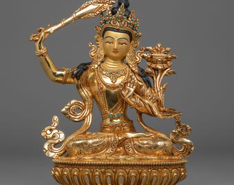 Golden Statue of Manjushri | Copper Body with Gold Plating | Tibetan Bodhisattva of Wisdom for Buddhist Altars | Made in Nepal | Tibetan Art