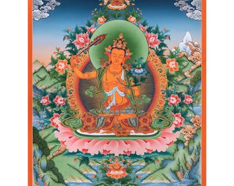 ★仏教の神々 油彩画 伝統的スタイル★ 作家サイン入り！ アーリヤ菩薩文殊菩薩タンカ デジタルプリント | 金剛乗仏教の版画