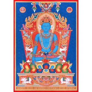May include: A colourful painting depicting a seated blue figure, wearing jewellery and a crown, set against elaborate red and gold decorations. The artwork has a blue patterned background and a red border.