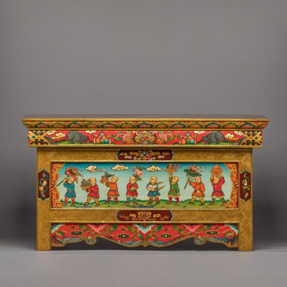 チベット密教装飾画 木製手描き Tibetan Shrine Panel Hand-carved Tibetan Table (chokchi) | Foldable Altar Table