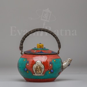Gemstone Inlay Tea Pot | Traditional Himalayan Craftsmanship | Handcrafted Tibetan Tea Vessel Buddhist Home Decoration | Spiritual Gift Use