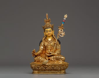 Handmade 24K Gold Gilded Padmasambhava Statue | Tibetan Buddhism Art | Himalayan Guru Rinpoche Copper Sculpture | Shrine & Meditation Decor