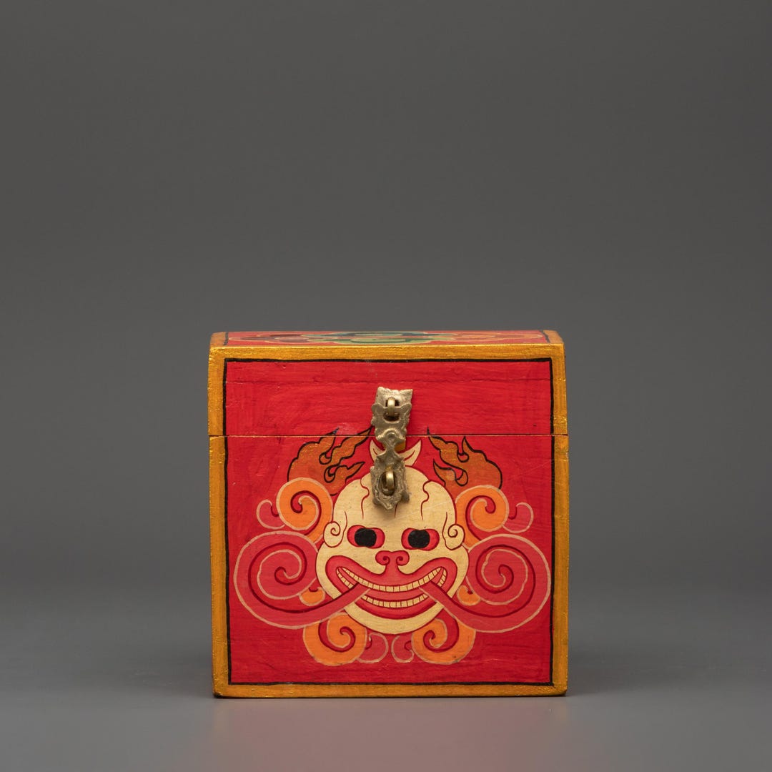 Tibetan Box Featuring a Wrathful Deity Face | Hand-painted Ritual ...
