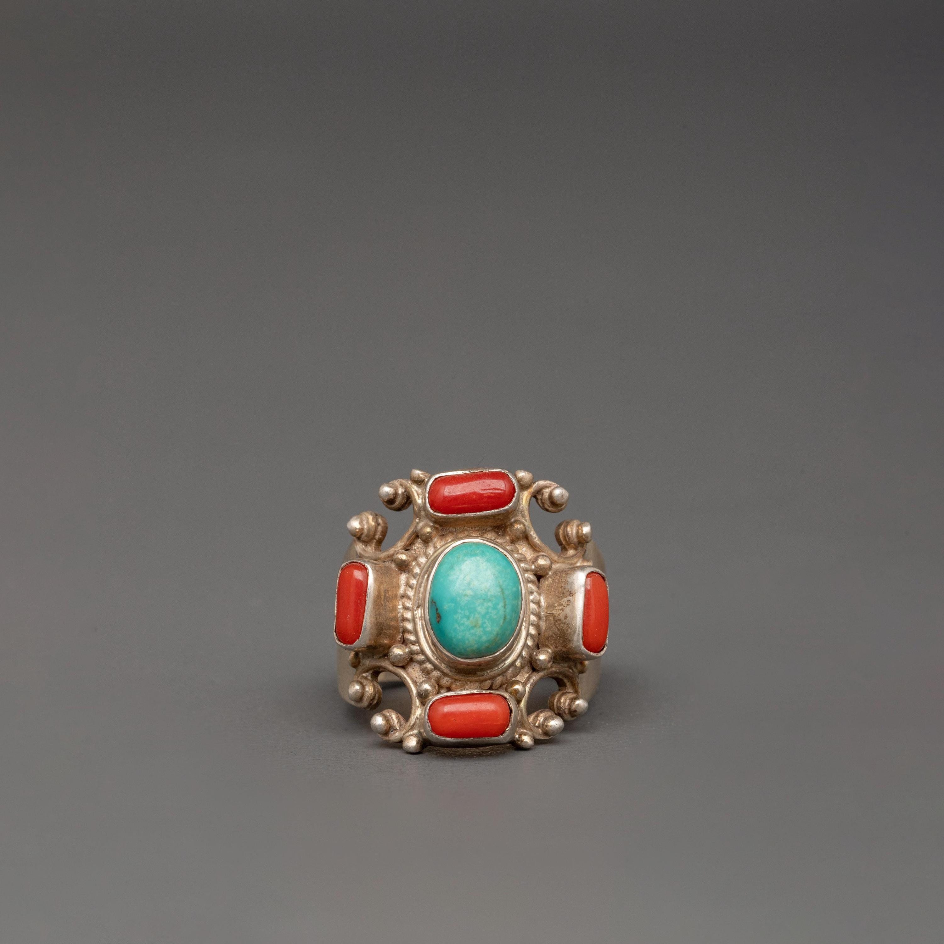 Silver Tibetan Ring Ring with Turquoise & Coral Handmade Jewelry Inspired by Himalayan Art Unique Spiritual and Stylish Accessory