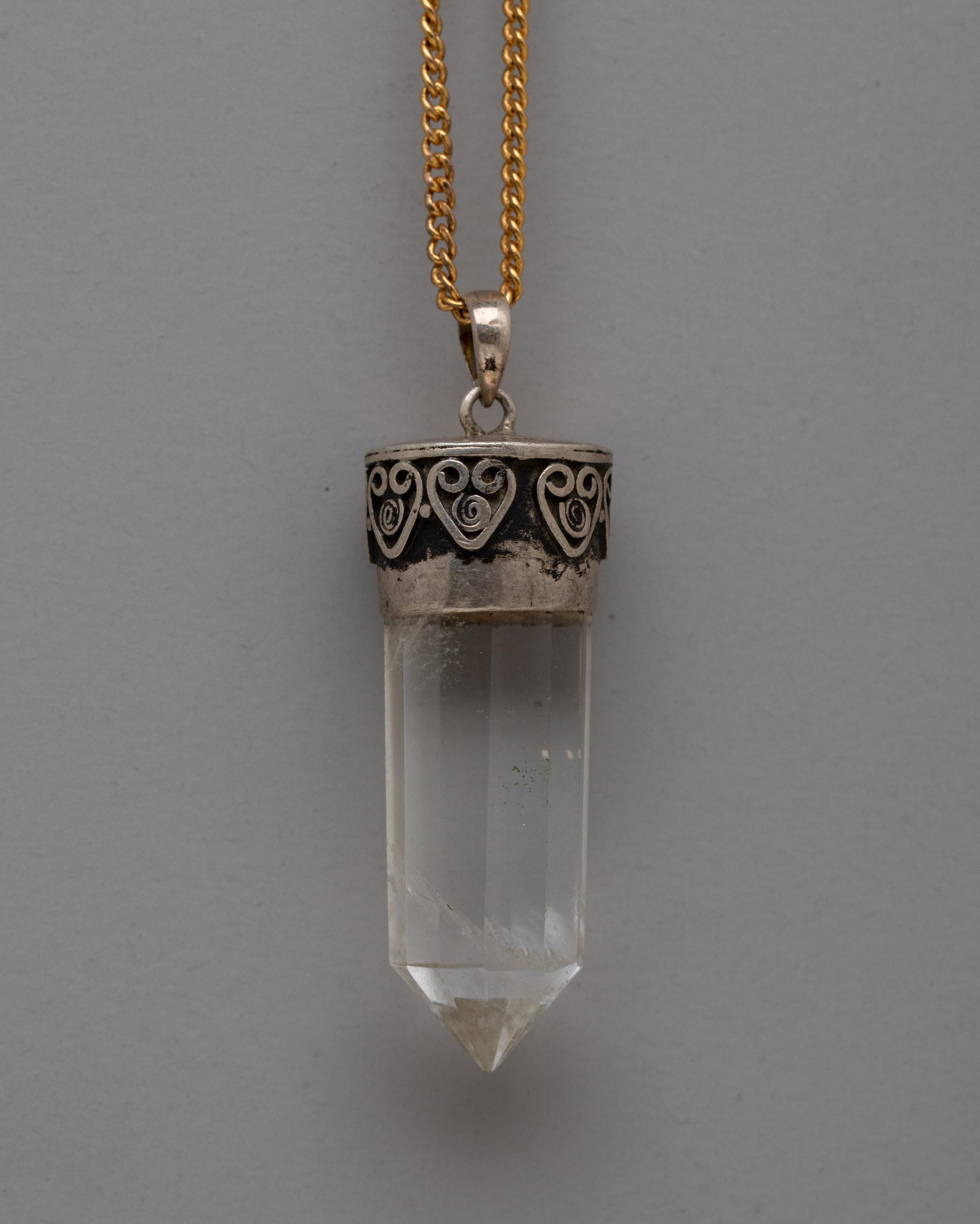 Sterling Silver Crystal Point Pendant Gemstone Necklace for Healing Energy Handmade Tibetan Spiritual Jewelry Boho Pendant for Growth