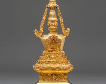 Buddhist Shrine Stupa for Meditation | Handcrafted Tibetan Gold Plated Monument | Sacred Tibetan Altar Decoration Symbolizing Enlightenment