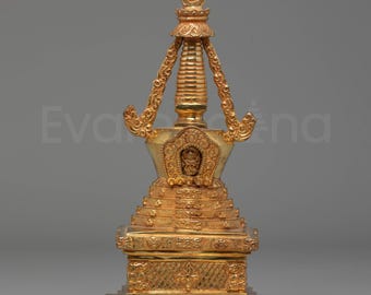 Ritual Stupa Shrine Piece | Buddhist Stupa for Altar Display | Gold Plated Himalayan Stupa for Sacred Home Shrine Decor | Nepalese Artwork
