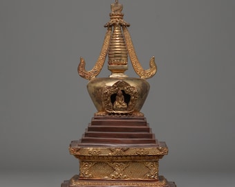 Spiritual Stupa Decor | Buddhist Ritual Artifact | Copper Gold Plated Tibetan Stupa for Altar, Meditation Space,  and Sacred Home Decor
