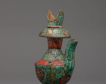 Jarrón ritual tibetano Bhumba / Recipiente de cobre hecho a mano con símbolos sagrados / Decoración de altar para meditación, puja y prácticas espirituales en el hogar