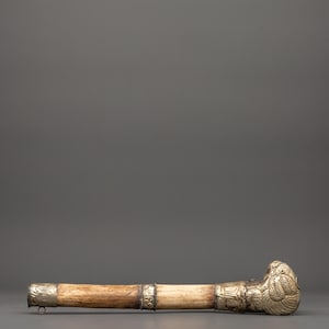 May include: A decorative walking stick with a light brown shaft and silver-colored metal accents. The handle features an ornate bird design. The walking stick is a unique accessory.