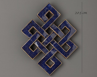 Wooden Endless Knot with Lapis Lazuli | Symbol of Harmony & Balance | Handcrafted Tibetan Wall Art, Spiritual Home and Altar Decor Gift