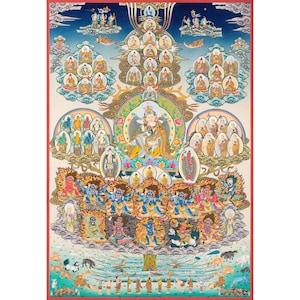 May include: A colourful, detailed painting of a spiritual tree with many figures and deities. The artwork shows a central tree-like structure with various levels of figures, set against a blue sky and a red border. The style is reminiscent of traditional religious art.