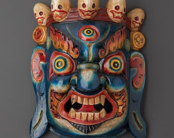 Decorazione murale dipinta a mano / Maschera tradizionale in legno per arredamento etnico / Decorazione murale culturale per interni e idea regalo unica