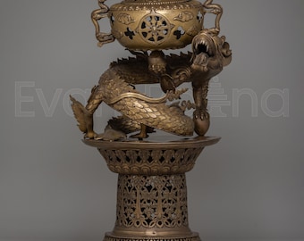 Dragon Incense Burner Set Brass | Large Ritual Incense Burners with Dragon Stand for Temple Shrine | Tibetan Buddhist Altar | Made in Nepal