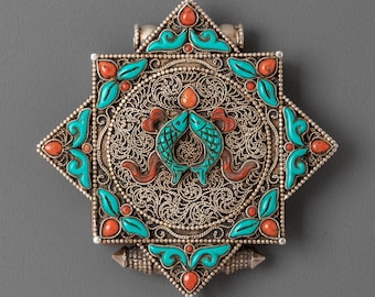 Tibetan Handcrafted Ghau Box Locket Pendant with Semi-Precious Stones | Spiritual Amulet, Silver Healing Jewelry | Buddhist Prayer Keepsake