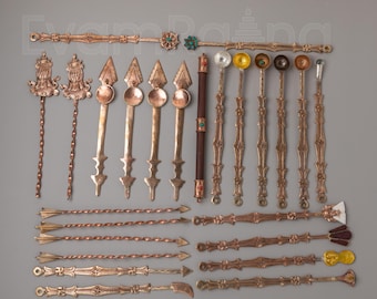 Conjunto de objetos rituales tradicionales tibetanos para altar / Herramientas budistas sagradas para rituales / Artesanía en cobre y hierro / Ofrenda espiritual