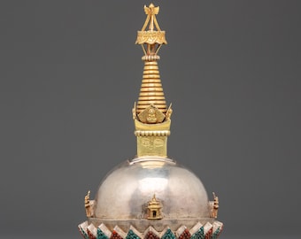 24K Gold Plated Tibetan Stupa | Symbol of Enlightenment | Handcrafted Buddhist Shrine Sculpture for Meditation & Home Altar Decoration