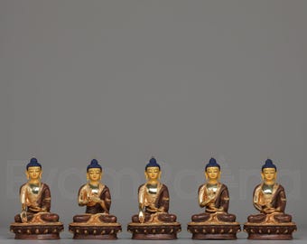Gouden vijf dhyani-boeddhaset | Vergulde koperen beelden | Akshovya, Amitabha, Amogasiddhi, Vairocana, Ratnasambhava voor spiritueel decor