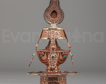 Jarrón espiritual para la longevidad / Recipiente de cobre artesanal con piedras preciosas de coral y turquesa / Jarrón ritual tibetano para la longevidad y la prosperidad