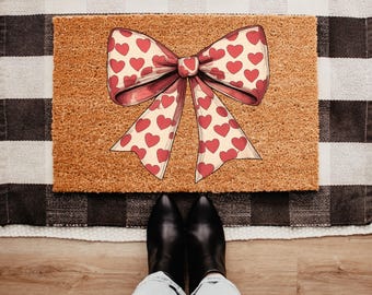 Valentine's Day Heart Coquette Bow Doormat, Retro Valentine Welcome Mat, Cute Love Door Mat, Coquette Aesthetic Home Decor