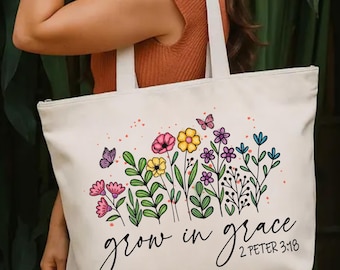Grow in Grace Zippered Tote Bag, 2 Peter 3:18 Christian Floral Canvas Shoulder Bag