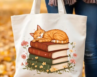 Cat and Books Zippered Tote, Bookish Cat Lover Canvas Bag, Cozy Reading Gift