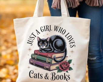 Bookish Cat Zippered Tote, Cats and Books Quote Canvas Bag, Cozy Reading Gift