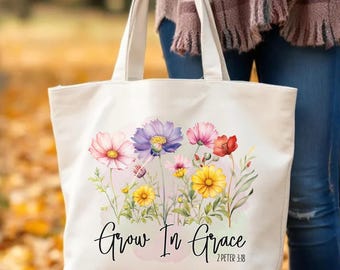Grow in Grace Zippered Tote Bag, 2 Peter 3:18 Christian Floral Canvas Shoulder Bag