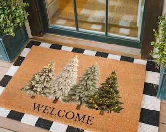 Winter Trees Welcome Doormat, Cozy Forest Entryway Mat for Front Door