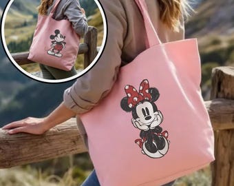 Mickey Minnie Double Sided Zippered Tote Bag, Disney Front Back Design Tote, Cartoon Character Bag, Travel Tote With Zipper