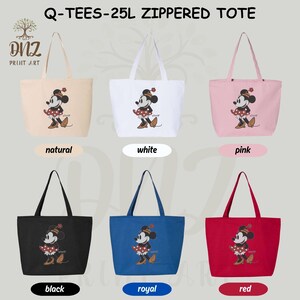 May include: A selection of tote bags in colours such as natural, white, pink, black, royal blue, and red. Each bag displays a Minnie Mouse graphic and the text "Q-TEES-25L ZIPPERED TOTE". The bags have long handles and are likely made of canvas or a similar material.