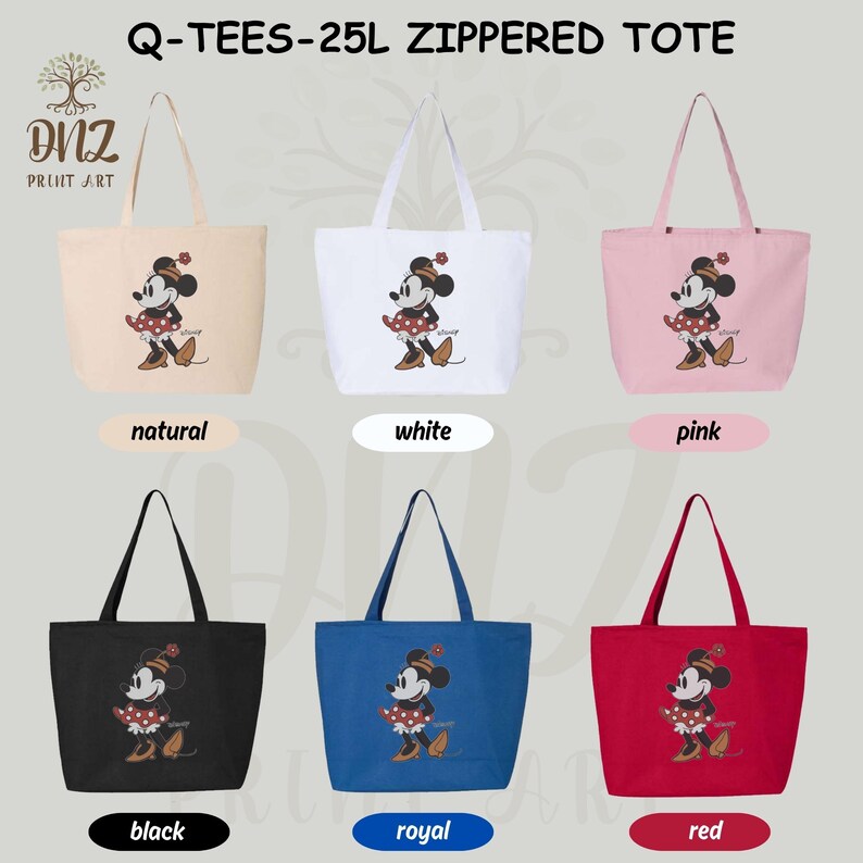 May include: A selection of tote bags in colours such as natural, white, pink, black, royal blue, and red. Each bag displays a Minnie Mouse graphic and the text "Q-TEES-25L ZIPPERED TOTE". The bags have long handles and are likely made of canvas or a similar material.