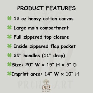 May include: Text on a light grey background lists product features. Features include a 12 oz heavy cotton canvas, a large main compartment, a full zippered top closure, and an inside zippered flap pocket. The bag has 63.5 cm handles and measures 50.8 cm W x 38.1 cm H x 12.7 cm D.