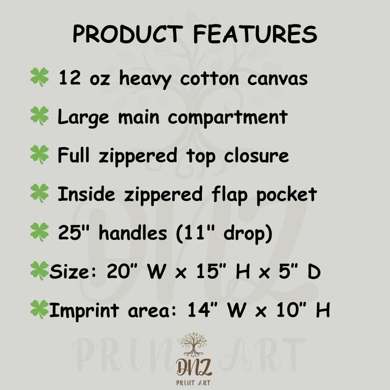 May include: Text on a light grey background lists product features. Features include a 12 oz heavy cotton canvas, a large main compartment, a full zippered top closure, and an inside zippered flap pocket. The bag has 63.5 cm handles and measures 50.8 cm W x 38.1 cm H x 12.7 cm D.