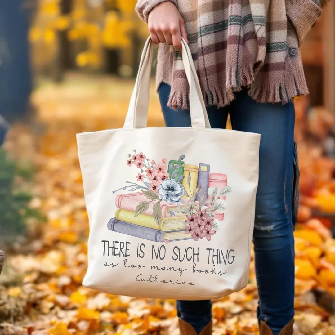 Bookish Zippered Tote, Too Many Books Quote Canvas Bag, Floral Reading ...