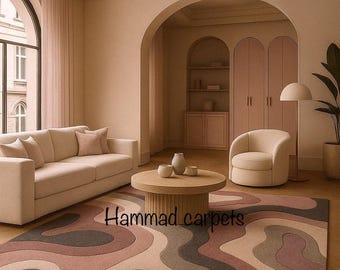 Modern Wavy Hand-Tufted Rug – Retro Abstract Area Carpet in Warm Neutral Tones, Contemporary Living Room Decor"