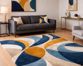 Modern Abstract Hand-Tufted Area Rug with Geometric Curves in Mustard Yellow, Navy Blue & Soft Beige – Contemporary Living Room Carpet