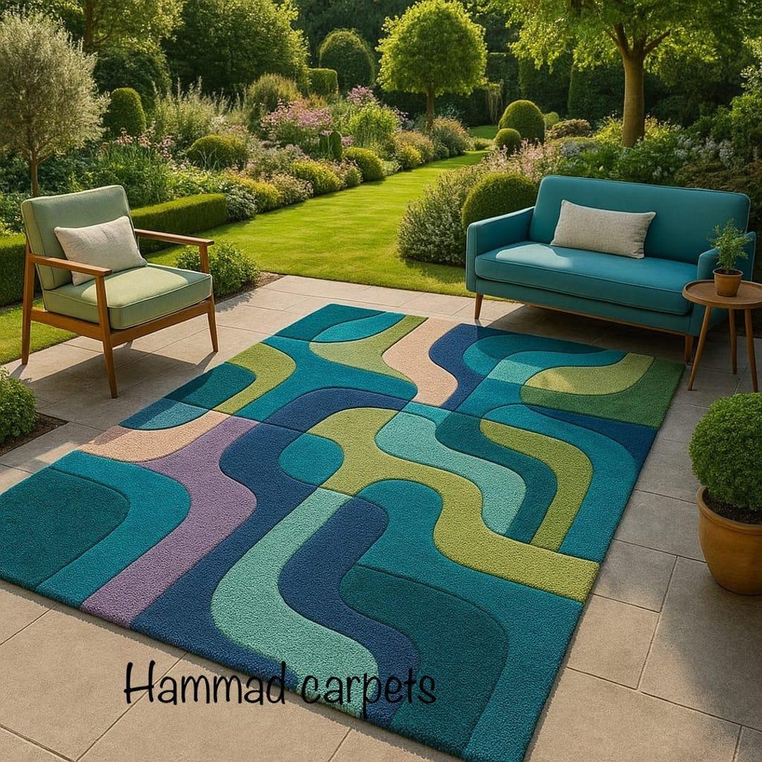 Modern Outdoor Wave Pattern Rug – Hand-tufted Multicolor Teal & Green ...