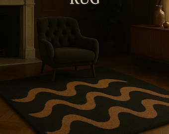 Tapete abstrato ondulado tufado à mão – Tapete moderno com padrão preto e dourado | Tapete de luxo em tons escuros para sala de estar da Hammad Carpets