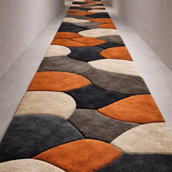Modern Abstract Runner Rug | Rust Orange Black & Beige Hand Tufted Wool Hallway Carpet | Designer Contemporary Decor