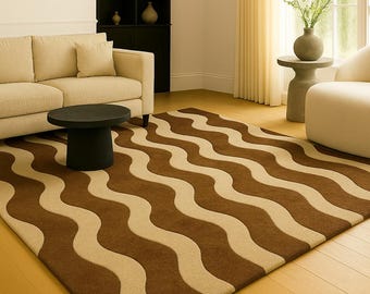 Modern Wavy Pattern Rug – Hand-Tufted Brown & Beige Abstract Carpet | Contemporary Living Room Area Rug by Hammad Carpets”