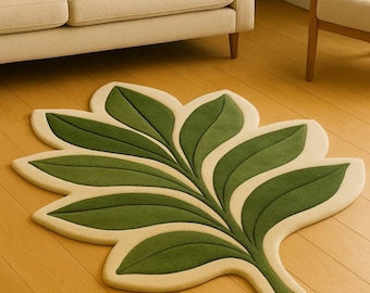 Green Leaf Shaped Rug – Hand-Tufted Organic Design Carpet | Contemporary Nature Inspired Home Decor